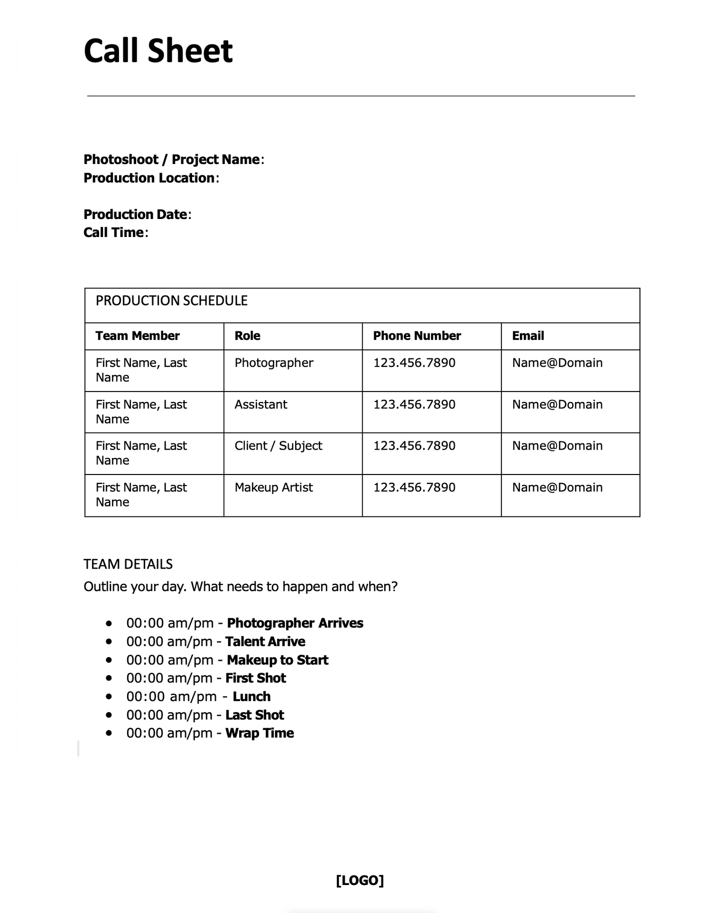 Free Call Sheet Template (Editable)