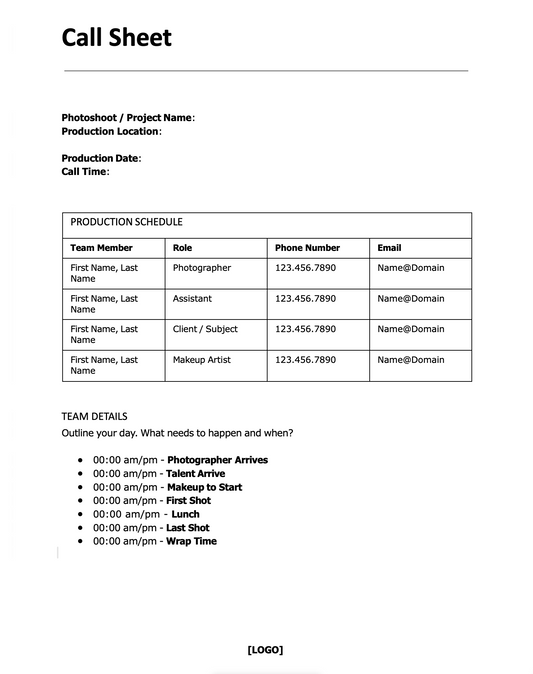 Free Call Sheet Template (Editable)